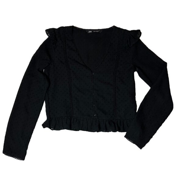 Zara Black Semi Sheer Chiffon Long Sleeve Blouse with Ruffle Hem - Picture 1 of 4